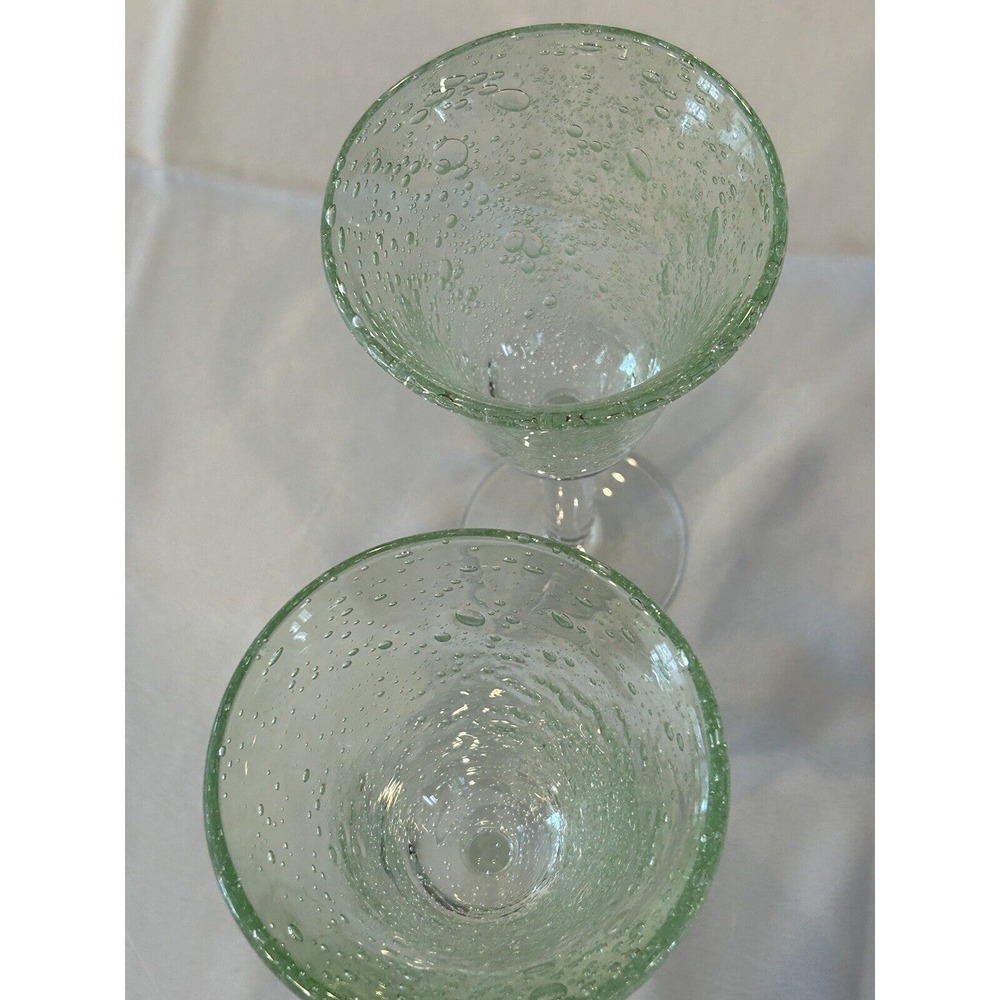 Pale Green Hand Blown Wine Glass Goblet Bubbles Clear Stem for set of 2 - Picture 4 of 10